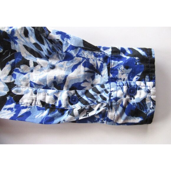 Jones NY Women Shirt/Blouse Floral Blue/White Roll-up Sleeve Pintucks Cotton XL - Picture 11 of 16